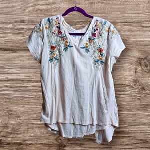 Sundance pink V-neck embroidered open back top. Large.